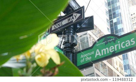 New York City crossroad, street intersection road sign. 6 Sixth ave, Americas avenue. Bryant park. New York City crossroad, street intersection road sign. 6 Sixth ave, Americas avenue. Bryant park. 119488312