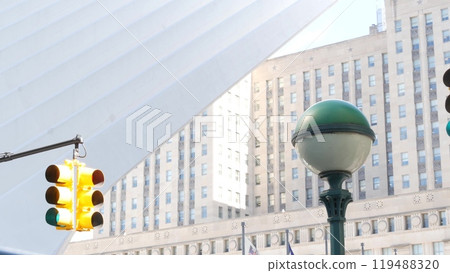 New York City subway entrance globe, orb lamp. Traffic light, Manhattan downtown, underground metro. 119488320
