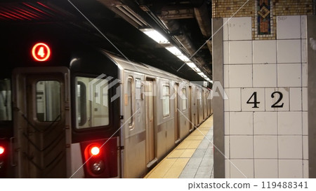 New York subway station, underground metropolitan platform sign. Metro railway passenger transport. 119488341