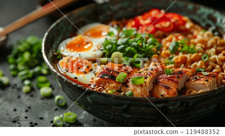 japanese ramen with chicken, green vegetables and eggs in black plate on dark wooden background. Top view. Flat lay. Japanese food concept. Free space for text. High quality photo. japanese ramen with chicken, green vegetables and eggs in black plate on dark wooden background. Top view. Flat lay. Japanese food concept. Free space for text. High quality photo. 119488352