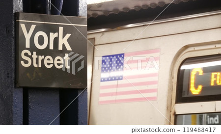 New York subway station, underground metropolitan platform sign. Metro railway passenger transport. 119488417