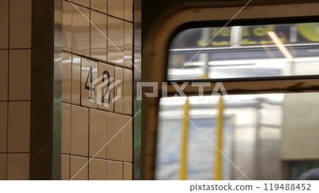 New York subway station, underground metropolitan platform sign. Metro railway passenger transport. New York subway station, underground metropolitan platform sign. Metro railway passenger transport. 119488452