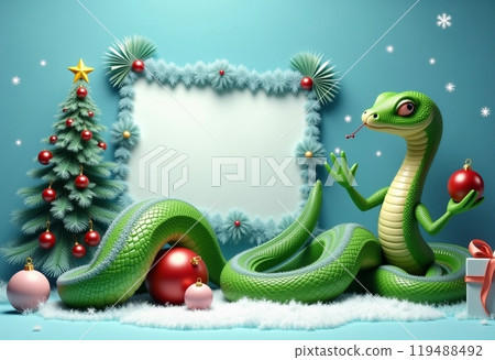 New Year snake with gifts under the Christmas tree, New Year card 119488492
