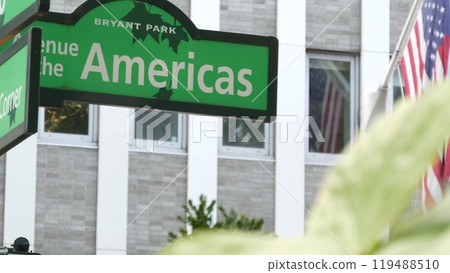 New York City crossroad, street intersection road sign. 6 Sixth ave, Americas avenue. Bryant park New York City crossroad, street intersection road sign. 6 Sixth ave, Americas avenue. Bryant park 119488510