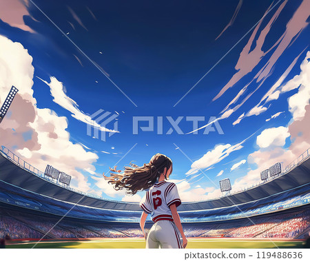 站在球場上的女棒球選手圖片素材 119488636