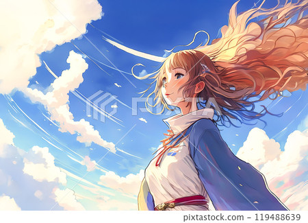 仰望天空的年輕女子圖片素材 119488639