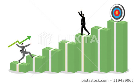 Businessman throws a green arrow javelin at a target, defended by a competitor on a banknotes bar graph, the rival challenge of leader in business goal. Market competition success in the corporate 119489065