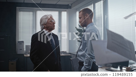 Aggressive boss with papers loses temper and shouts at man Aggressive boss with papers loses temper and shouts at man 119489155