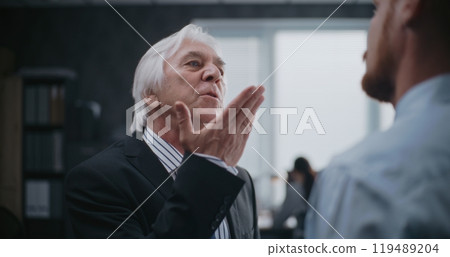 Aggressive boss loses temper, shouts at male company employee Aggressive boss loses temper, shouts at male company employee 119489204