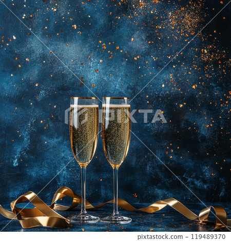 Two elegant champagne flutes filled with sparkling drink and gold ribbons on a dark blue background Two elegant champagne flutes filled with sparkling drink and gold ribbons on a dark blue background 119489370