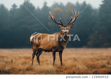 Majestic stag standing in a misty meadow surrounded by tall grass and trees at dawn 119489418