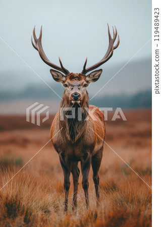 Majestic stag stands proudly in a misty forest meadow during early morning hours 119489423