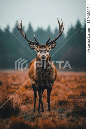 Majestic stag stands proudly in a misty forest meadow during early morning hours 119489424