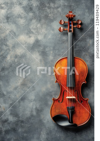 A beautifully crafted violin rests against a textured gray background with elegant detailing A beautifully crafted violin rests against a textured gray background with elegant detailing 119489429
