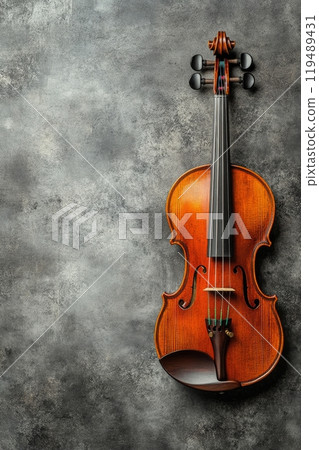 A beautifully crafted violin rests against a textured gray background with elegant detailing A beautifully crafted violin rests against a textured gray background with elegant detailing 119489431