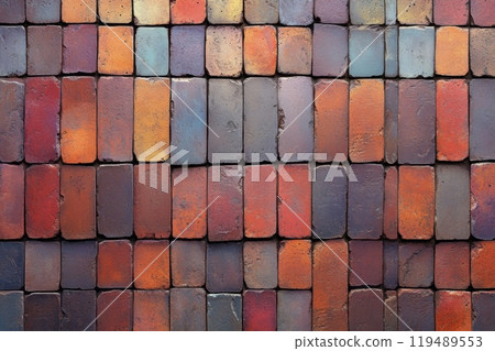 Colorful textured brick wall pattern with varying shades of red and brown in a rustic design 119489553