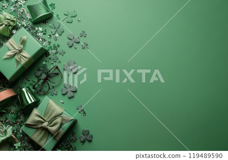 Festive green decorations with gifts and accessories for St Patricks Day celebration 119489590