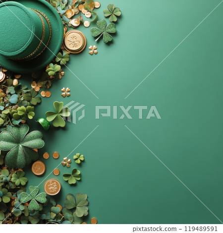 Festive arrangement of green clovers, coins, and a hat for St Patricks Day celebration decor 119489591
