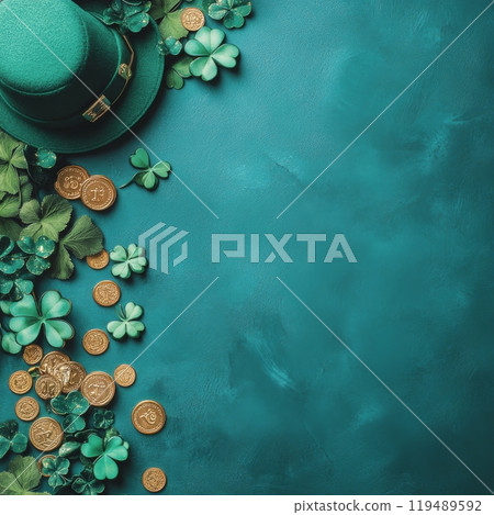 Festive arrangement of green clovers, coins, and a hat for St Patricks Day celebration decor 119489592