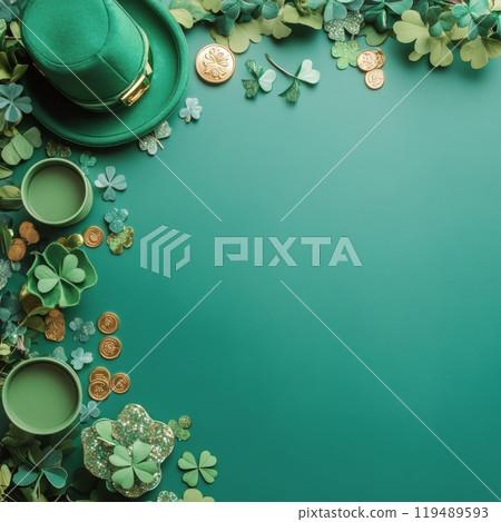 Festive arrangement of green clovers, coins, and a hat for St Patricks Day celebration decor 119489593