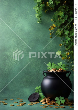 A decorative pot filled with gold coins and clovers on a green backdrop for St Patricks Day 119489595