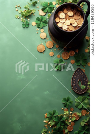 A decorative pot filled with gold coins and clovers on a green backdrop for St Patricks Day 119489596
