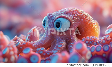 Colorful octopus exploring its underwater habitat during a sunny day in the ocean 119489609