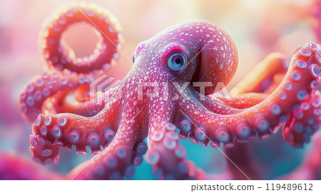 Colorful octopus exploring its underwater habitat during a sunny day in the ocean Colorful octopus exploring its underwater habitat during a sunny day in the ocean 119489612