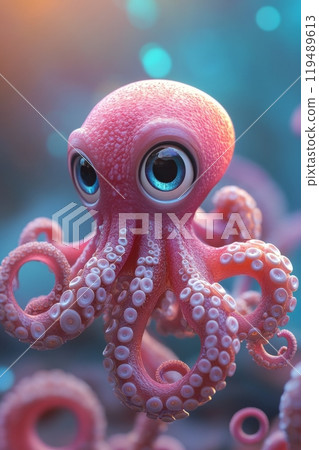 A lively octopus, adorned with bright pink hues, navigates its colorful habitat filled with corals 119489613