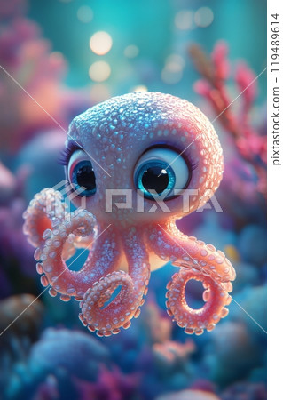 A lively octopus, adorned with bright pink hues, navigates its colorful habitat filled with corals A lively octopus, adorned with bright pink hues, navigates its colorful habitat filled with corals 119489614
