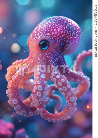 A lively octopus, adorned with bright pink hues, navigates its colorful habitat filled with corals 119489615