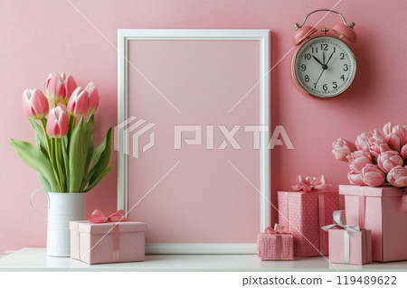 Elegant pastel decor featuring tulips and gifts on a pink background with a blank frame 119489622