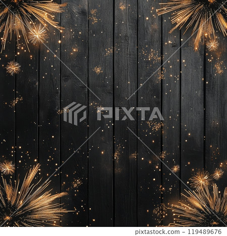 Sparks flying across a wooden surface during a celebration at night with a dark background 119489676