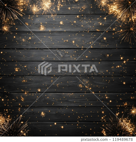 Sparks flying across a wooden surface during a celebration at night with a dark background 119489678
