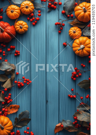 Colorful autumn pumpkins and berries arranged on a blue wooden background for seasonal decor 119489703