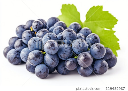 Freshly harvested purple grapes with water droplets and green leaves on a white background 119489987