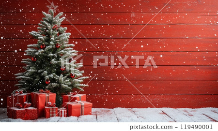 A decorated Christmas tree stands against a deep red wall, surrounded by wrapped gifts A decorated Christmas tree stands against a deep red wall, surrounded by wrapped gifts 119490001