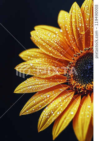 Beautiful sunflower with water droplets captured in vibrant detail against a dark background 119490008