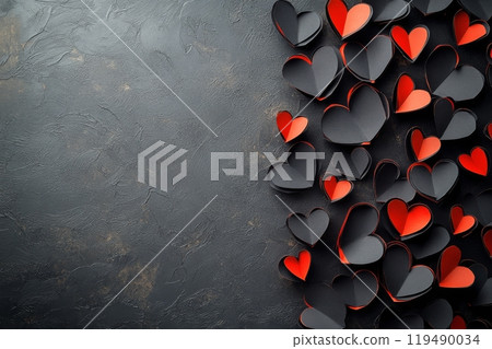 Colorful paper hearts scattered on a dark textured background creating a romantic atmosphere Colorful paper hearts scattered on a dark textured background creating a romantic atmosphere 119490034