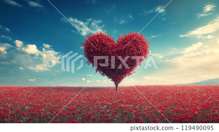 Red heart shaped tree in a vivid flower field under a bright sky during daylight 119490095
