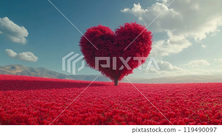 Red heart shaped tree in a vivid flower field under a bright sky during daylight Red heart shaped tree in a vivid flower field under a bright sky during daylight 119490097