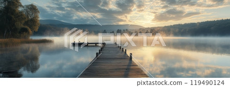 Serene morning at a foggy lake with a wooden dock reflecting tranquil colors of dawn Serene morning at a foggy lake with a wooden dock reflecting tranquil colors of dawn 119490124