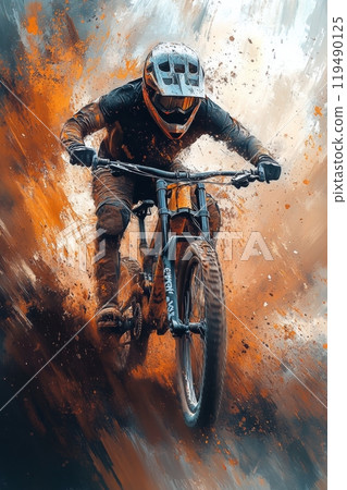 A mountain biker races through a burst of orange dirt during a thrilling downhill event 119490125
