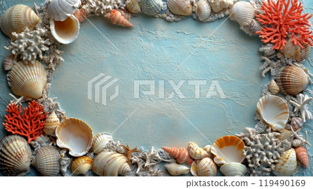 Decorative arrangement of seashells and coral on a textured background showcasing ocean life Decorative arrangement of seashells and coral on a textured background showcasing ocean life 119490169