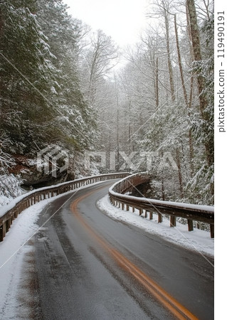 A tranquil winter scene with a snow covered bridge and road among trees in the mountains 119490191