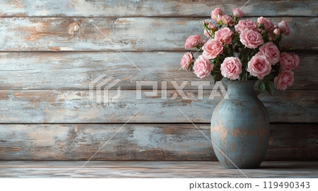 A bouquet of pink roses in a vase on a wooden table against a rustic backdrop 119490343