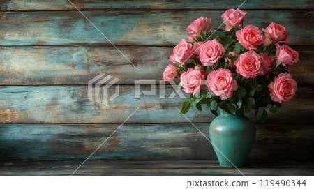 A bouquet of pink roses in a vase on a wooden table against a rustic backdrop 119490344