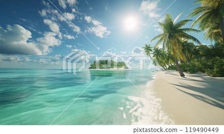 Serene tropical beach with clear turquoise water and swaying palm trees under bright sunlight 119490449