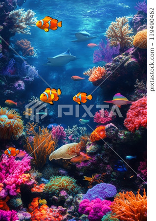 Colorful coral reef teeming with vibrant fish in a serene underwater environment 119490462
