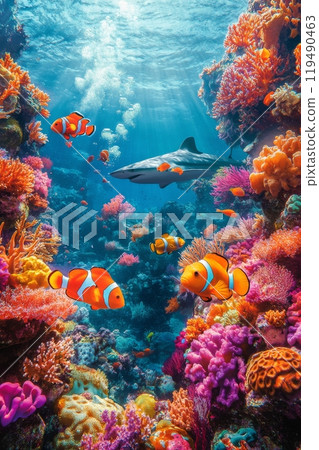 Colorful coral reef teeming with vibrant fish in a serene underwater environment 119490463